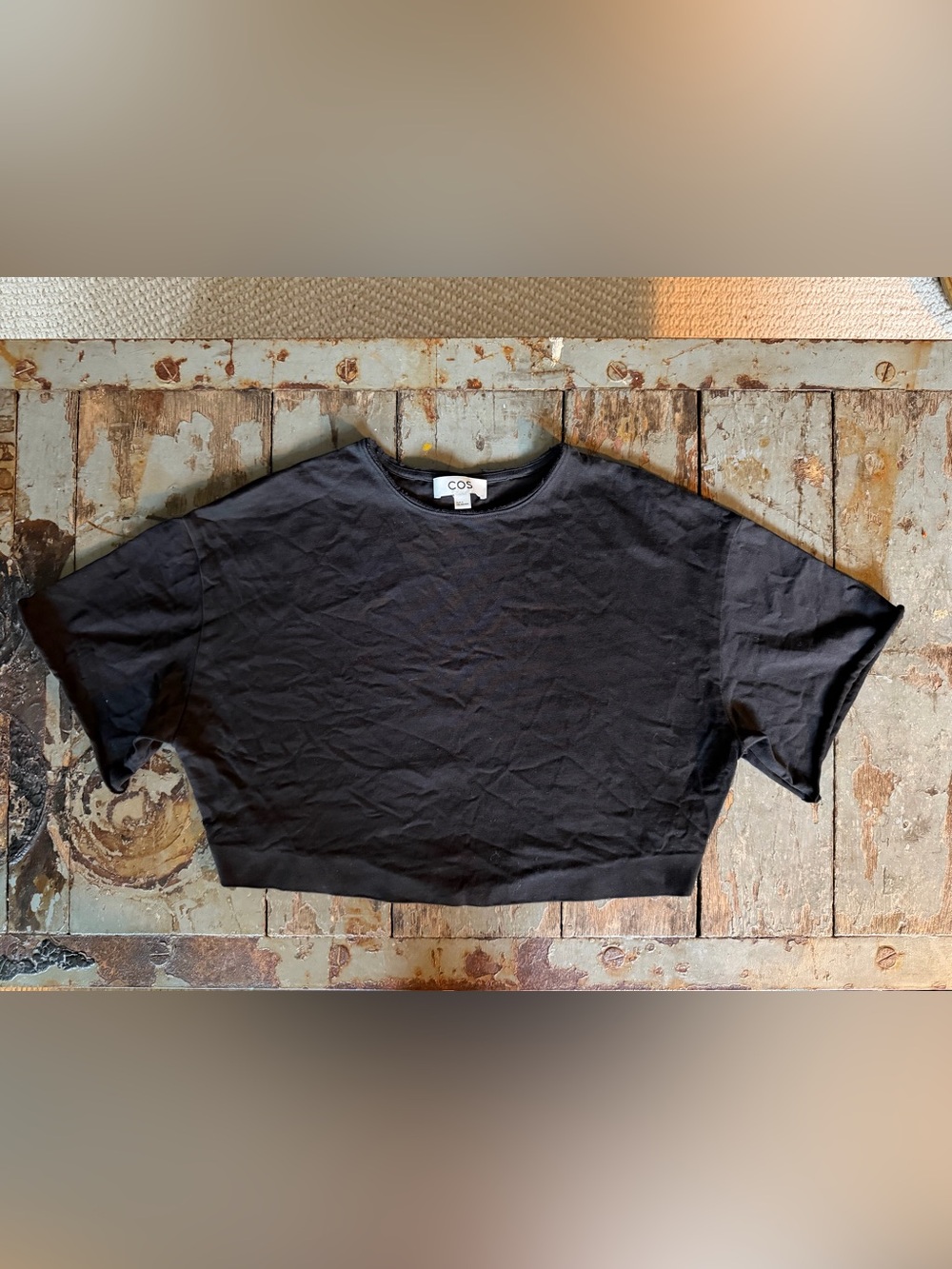 COS Black Cropped Raw Hem Crewneck Top with Fitted Elastic Bottom